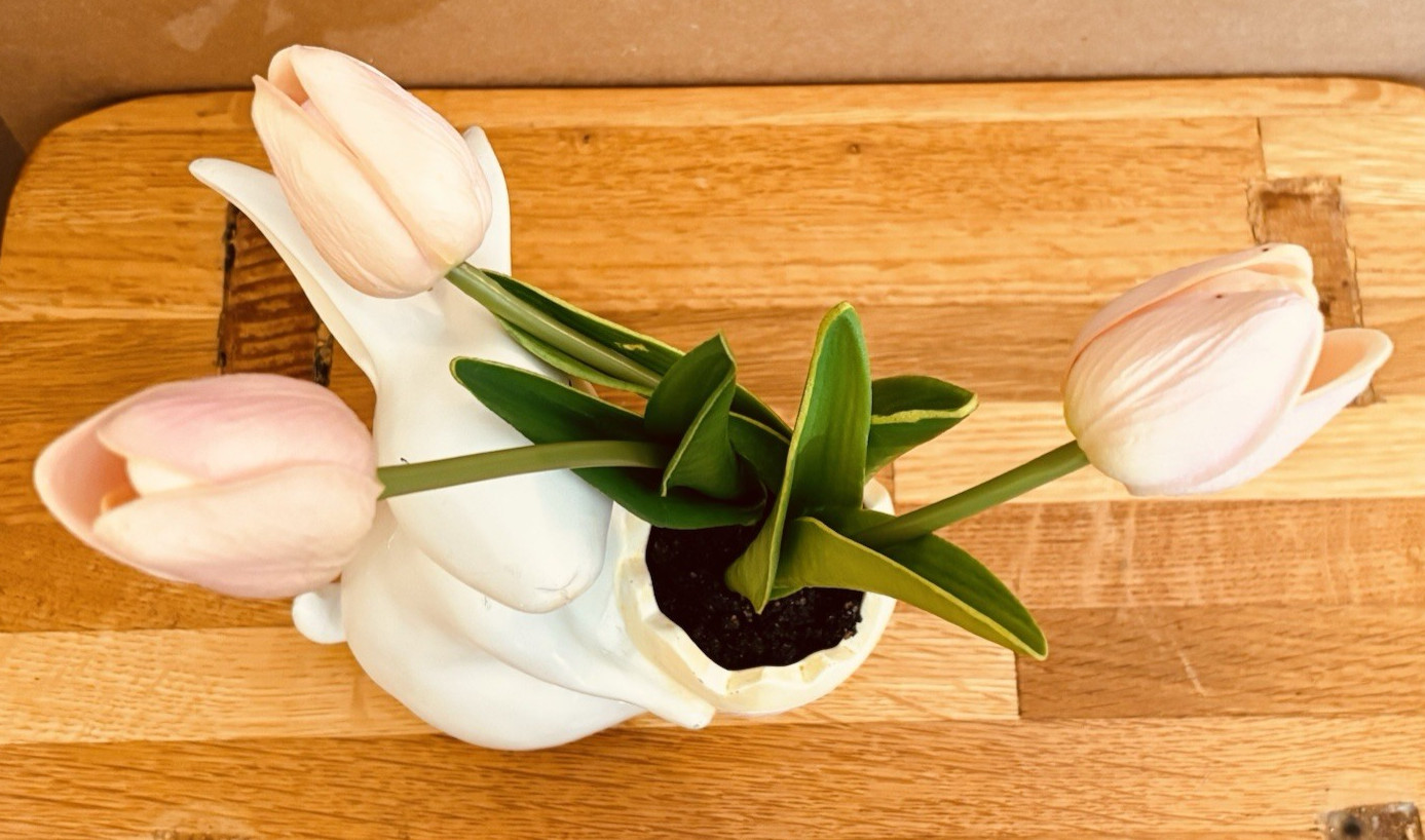 Easter Bunny Ceramic Planter Pink Tulips Spring Decor Table Centerpiece
