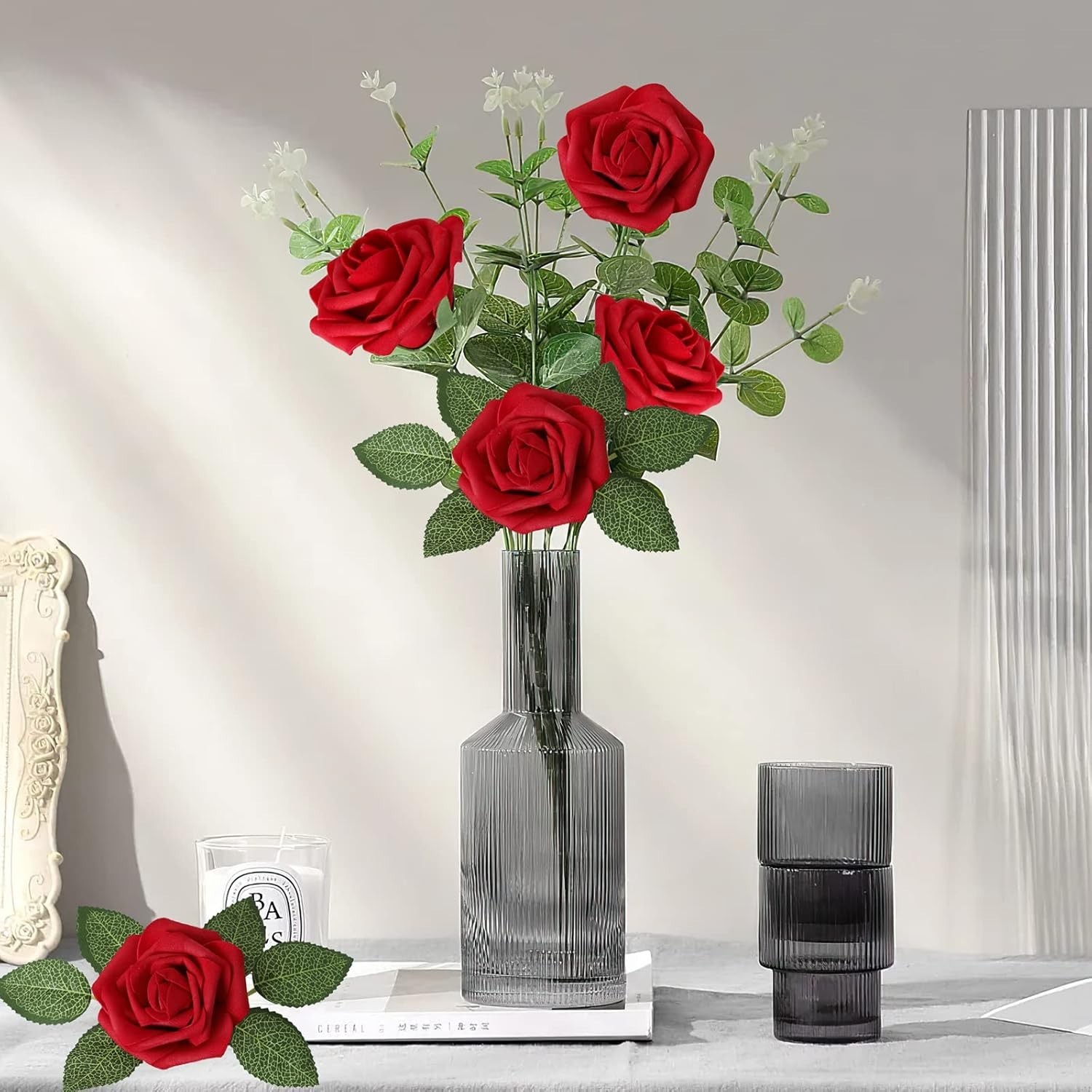 Artificial Flowers Dark Red Rose 25pcs Real Looking Fake Roses w/Stem for DIY…