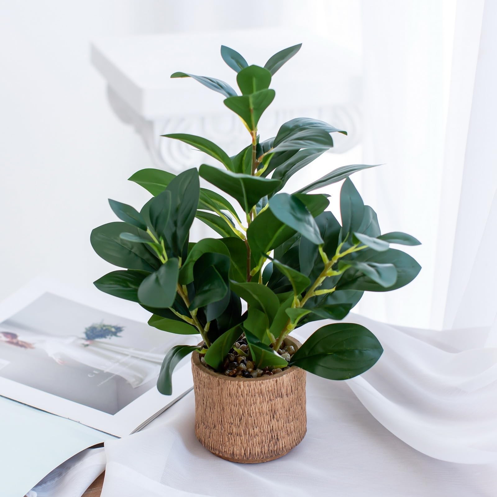 12.6″ Fake Plants in Brown Ceramic Vase Realistic Ficus Leaf Faux Plant for D…