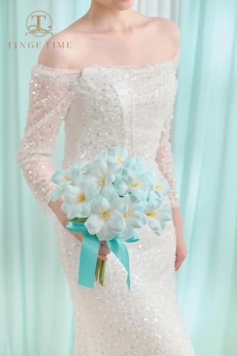 10pcs Fake Flowers, 15.3″ Blooming Tulips Artificial Flowers, Real Light Blue