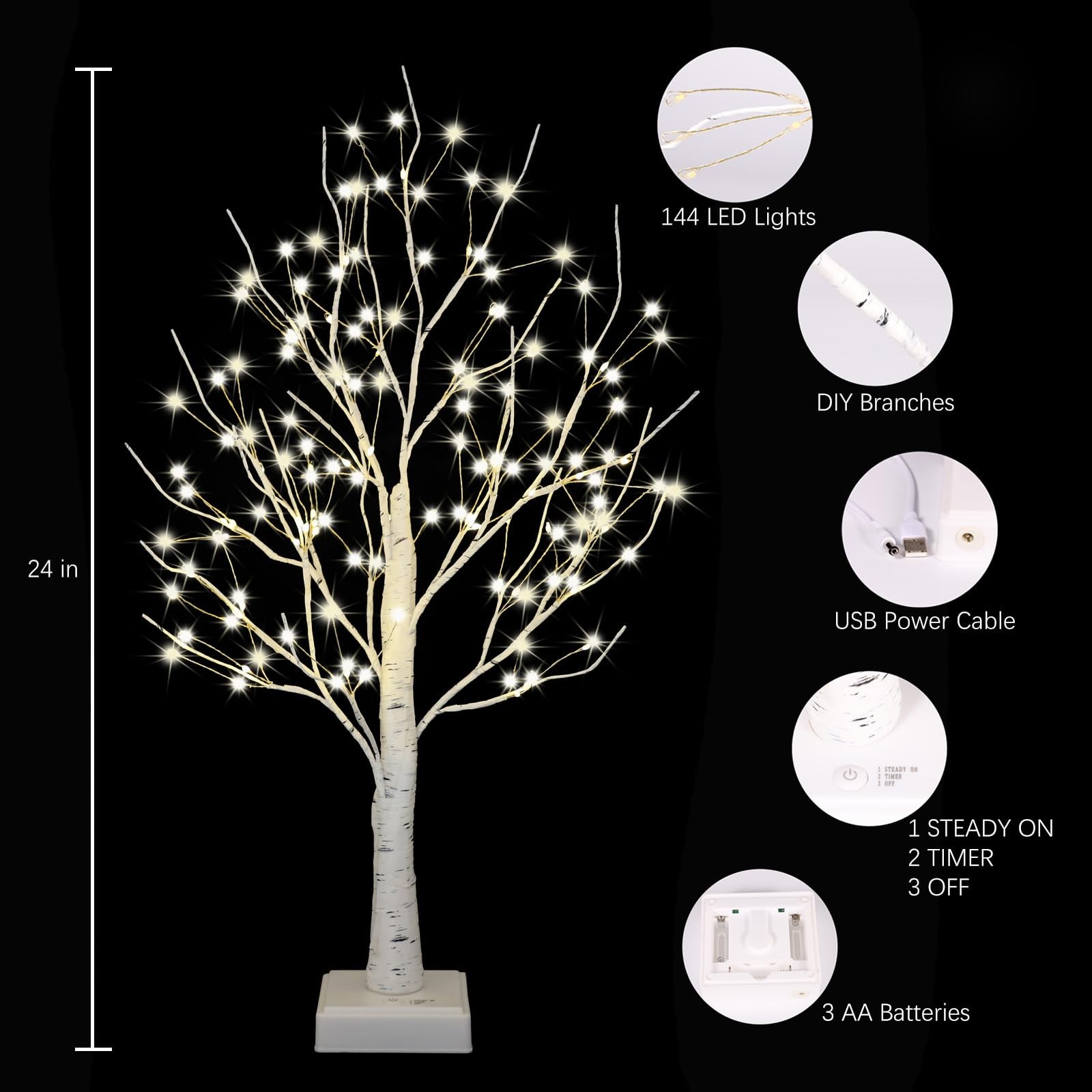 2 FT 144 LED White Light Up Birch Tree Tabletop Lamp Timer Indoor Home Decor