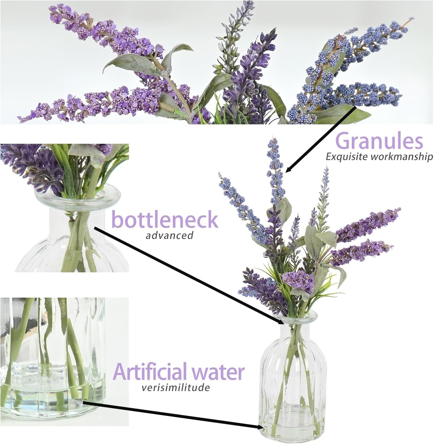Artificial Lavender in Glass Vase Faux Water Blue Purple Silk Fake Flower Plant