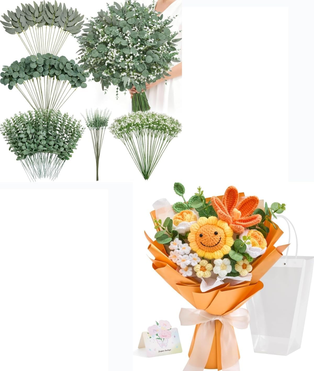150Pcs Mixed Eucalyptus & Crochet Flower Bouquet, Handmade Fake Greenery