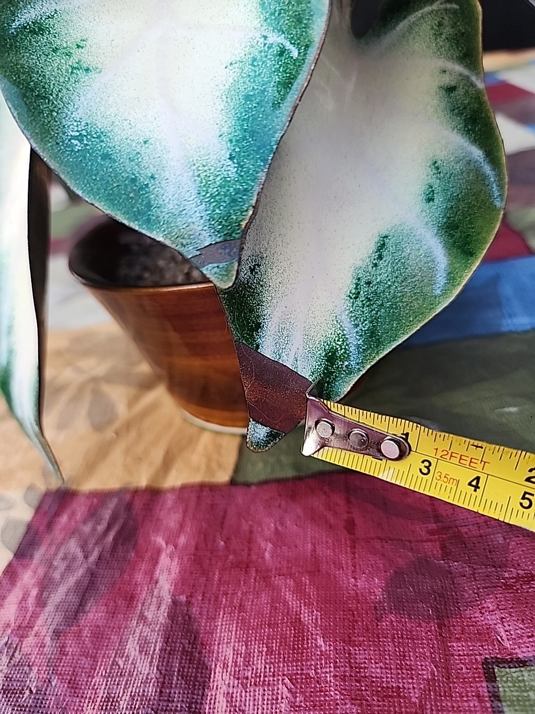 Vintage Enameled Metal Faux Variegated Alocasia Plant W Glazed Brown Pot *READ*