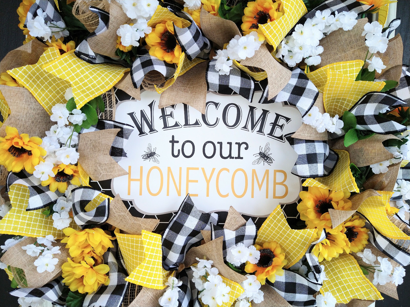 Welcome Honeycomb Bee Summer Sunflower Country Farmhouse Door Deco Mesh Wreath