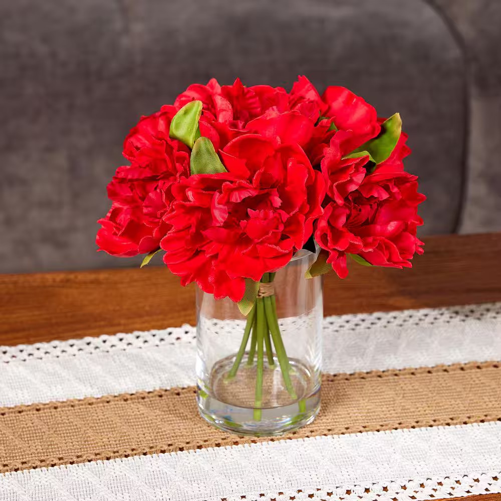 Faux Series 11 In. Red Indoor Artificial Silk Peony Bouquets with Stems for Home