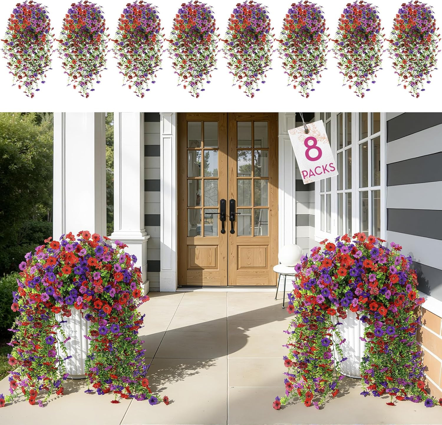 8PCS Artificial Fake Hanging Flowers for Outdoor Spring Decoration, UV Resistant