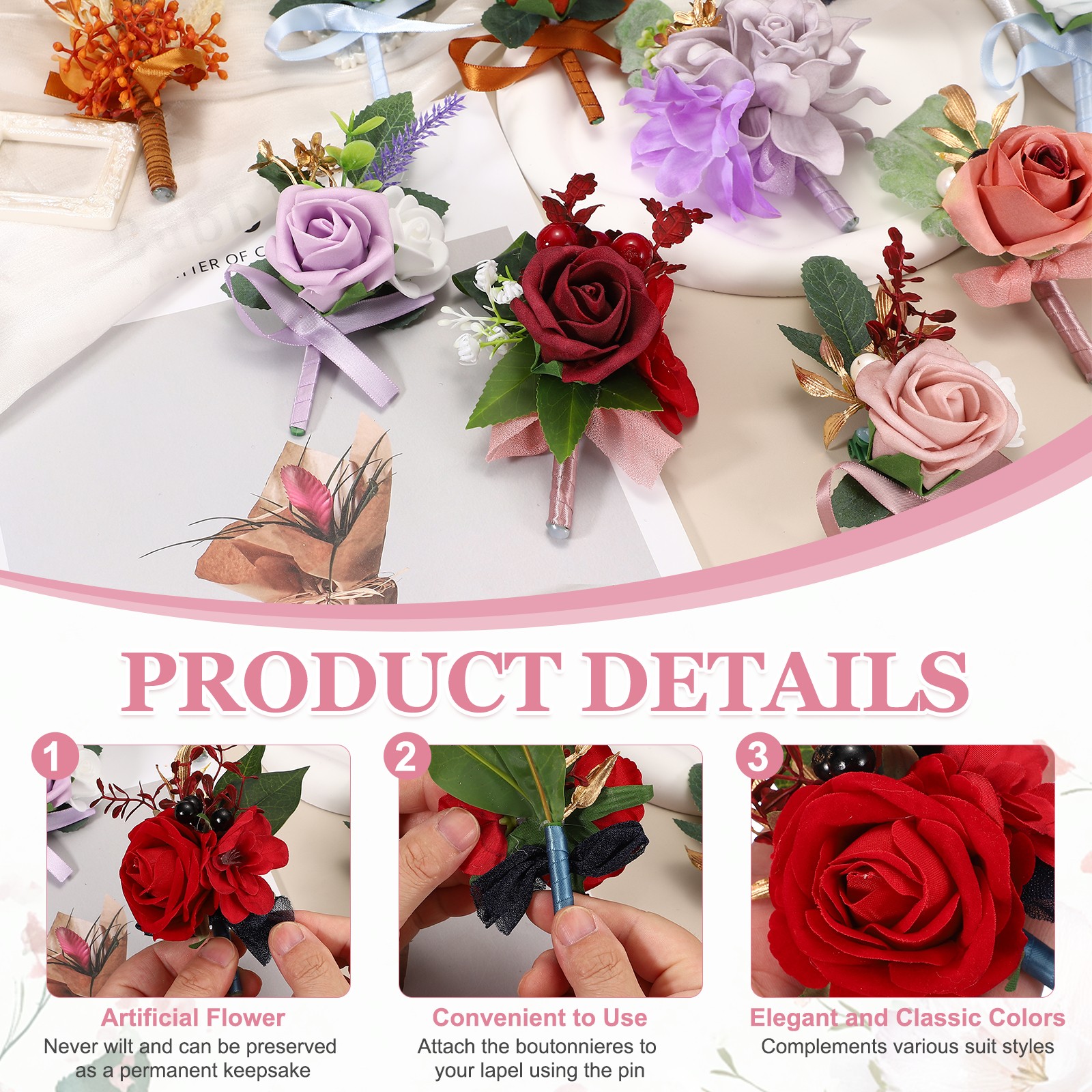 Mens Boutonnieres for Weddings, 6 Pcs Rose Boutonnieres, Navy Blue/Burgundy