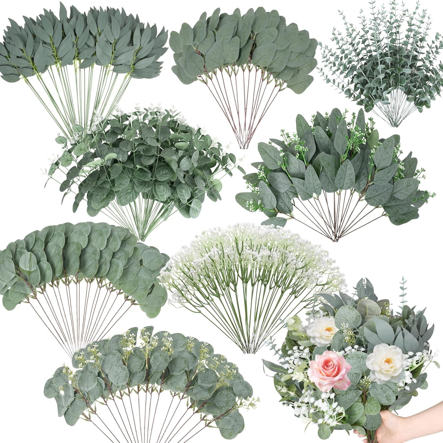 Artificial Eucalyptus Stems 200 Pack Faux Greenery for DIY Bouquets Floral Decor