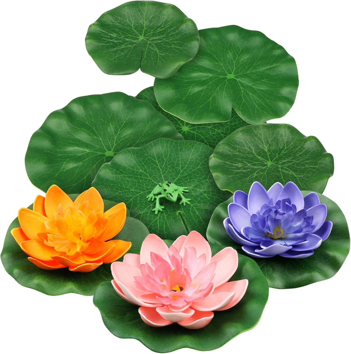 10Pcs Floating Foam Lotus Flowers with Artificial Frog Lotus Leaves, Lily Pads f