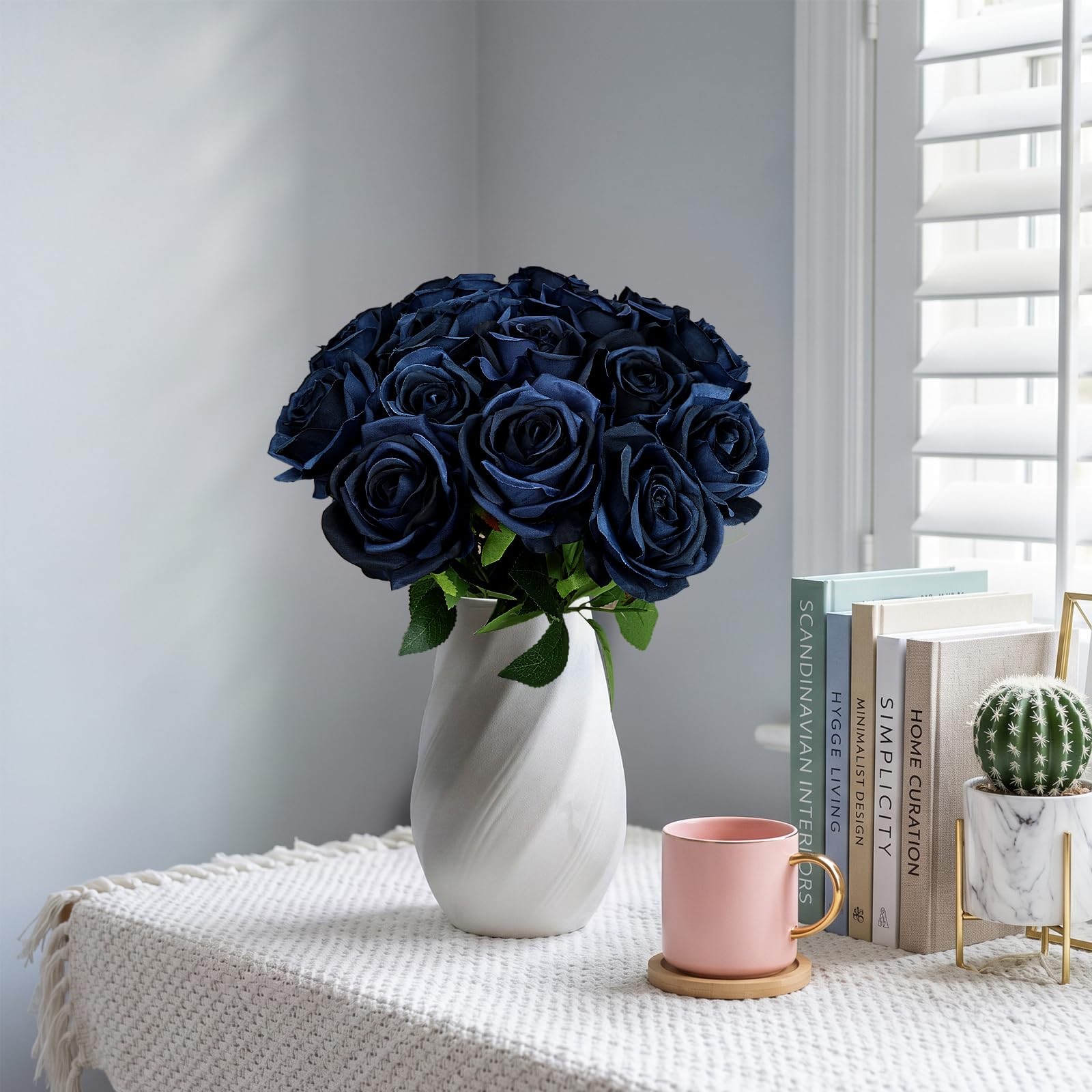 16 PCS Roses Artificial Flowers – Fake Silk Navy Blue Rose in Bulk with Long …