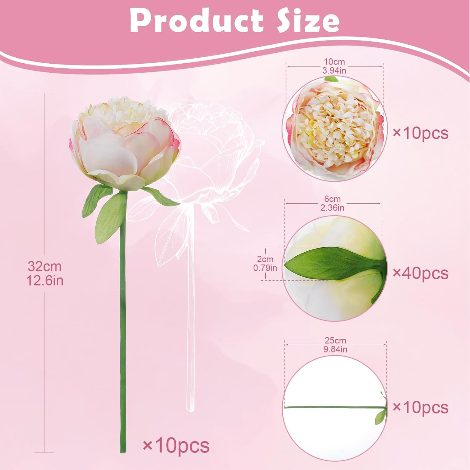 10PCS Champagne Realistic Silk Peonies Bouquet, Waterproof & UV Resistant Faux P
