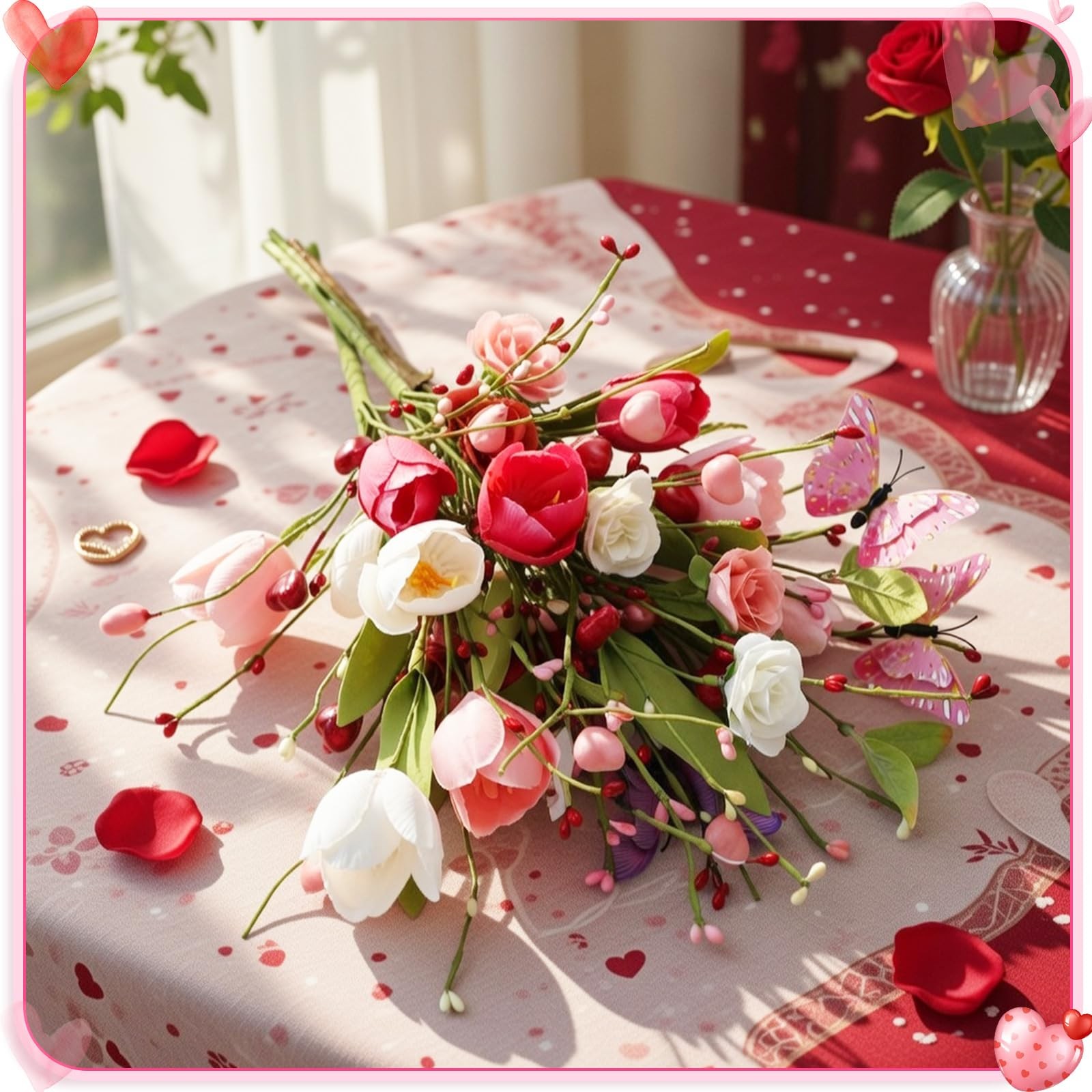 12 Pack Artificial Flower Decor, Tulips & Roses Bouquets with Butterfly Heart…