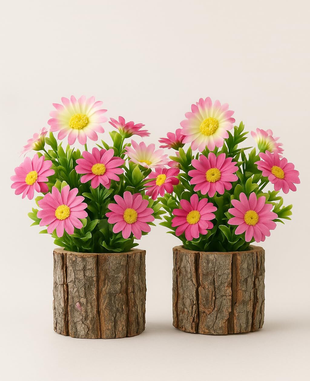 ARTIFICIAL FLOWERS FAKE DAISY FOR DECORATION SMALL POTTED PLANTS IN LOG PLANTERS