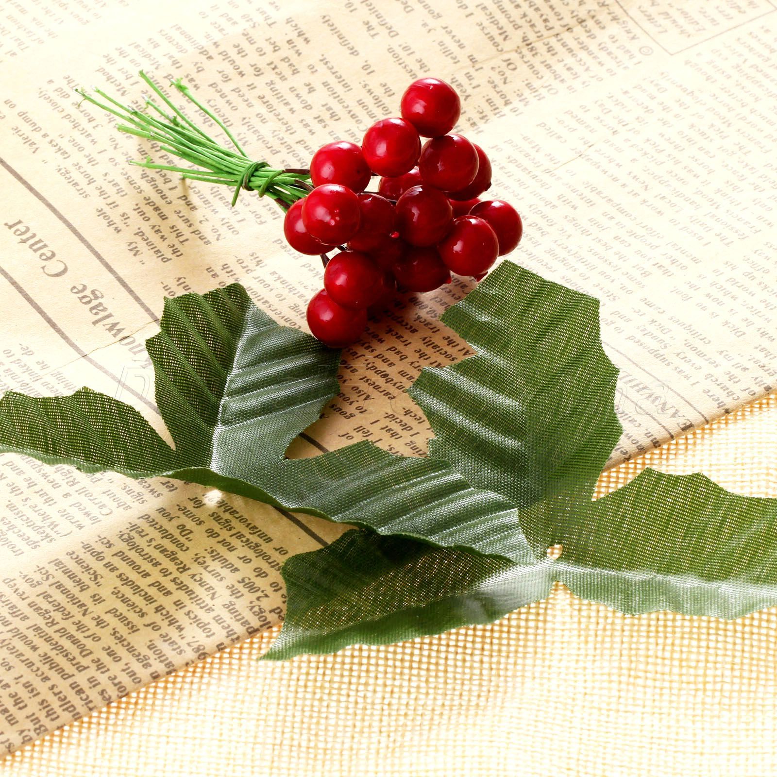 Green Flower Leaves & 50x Artificial Red Holly Berries Garden Wedding Home Decor