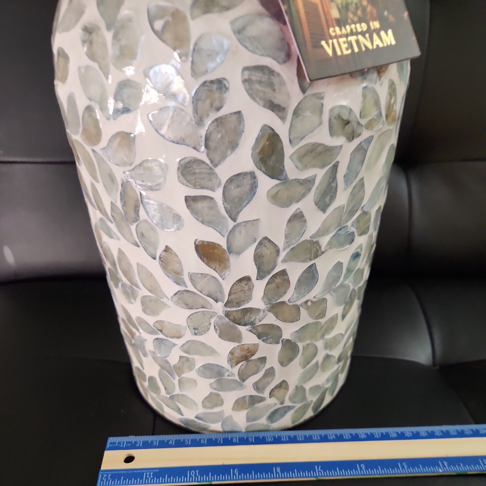 Handcrafted Textured Ceramic Vase Leaf Design Vietnam 12” Decorative Art