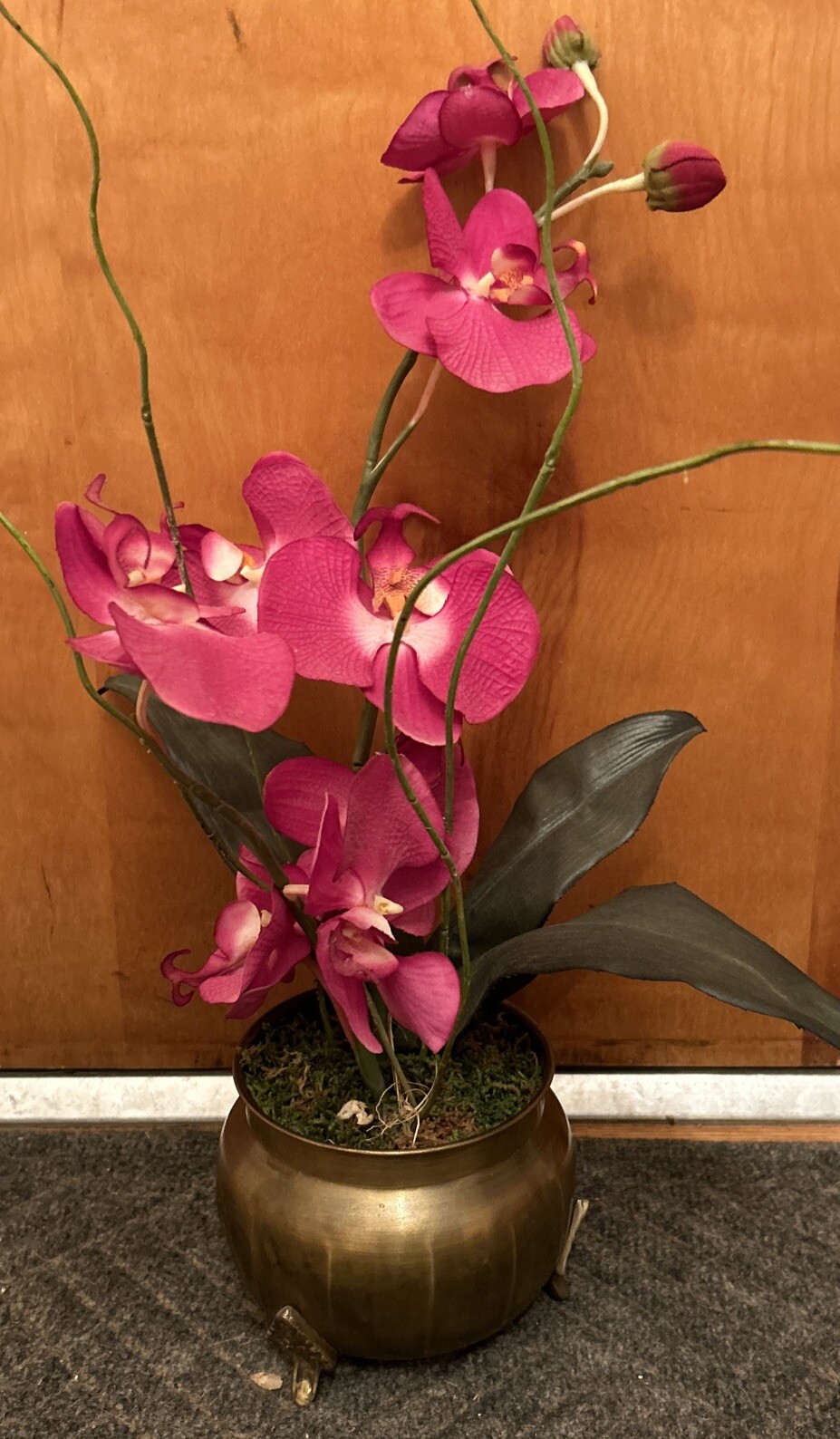 Artificial Orchids In Brass Urn With 3 Feet 20” Tall Darker Colors Due To Light