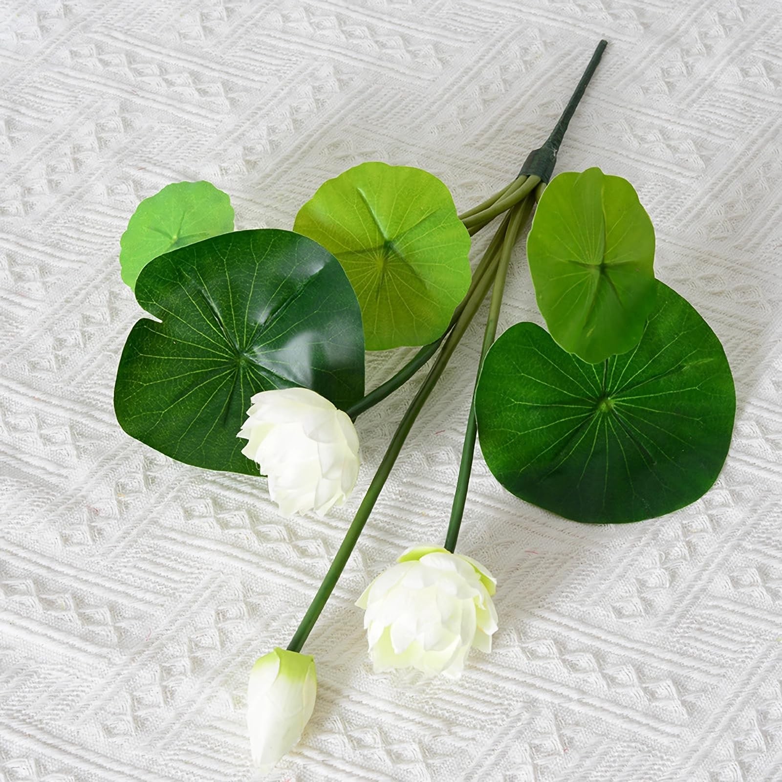 2pcs Artificial Lotus Flowers with Leaves 17″ Mini White Fake Water Lily Bouq…