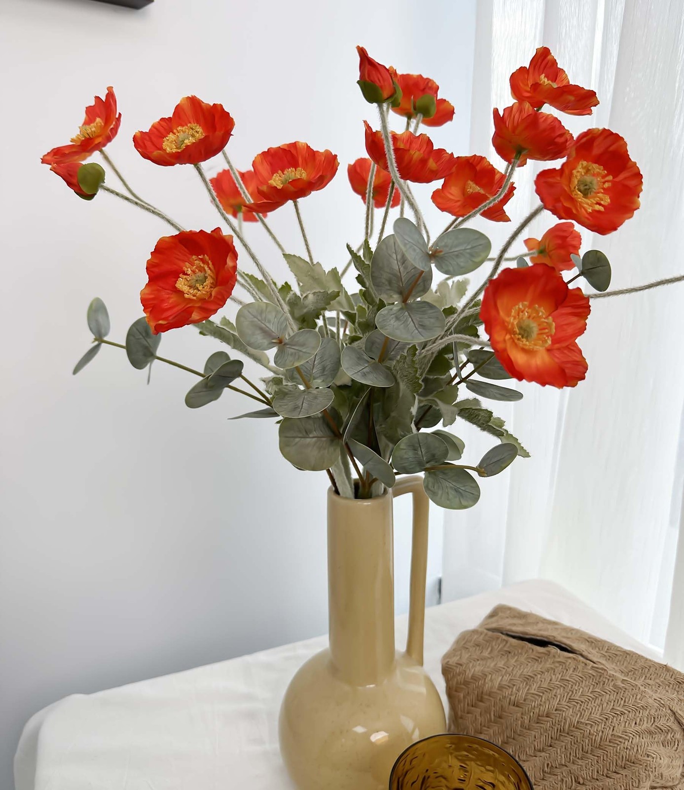 Artificial Poppy Flowers and Eucalyptus Stems for vase, Fake Blush Pink Silk …
