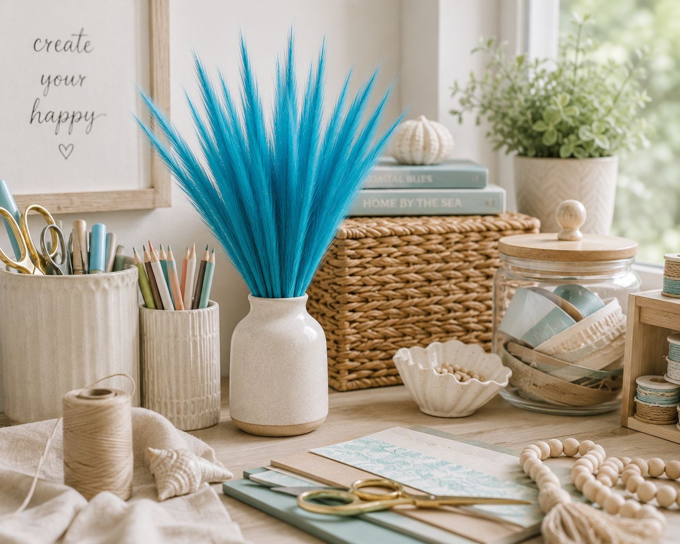 Turquoise Blue Artificial Pampas Grass 16 Inch 13 Stem Bunch, Wispy Coastal Vase