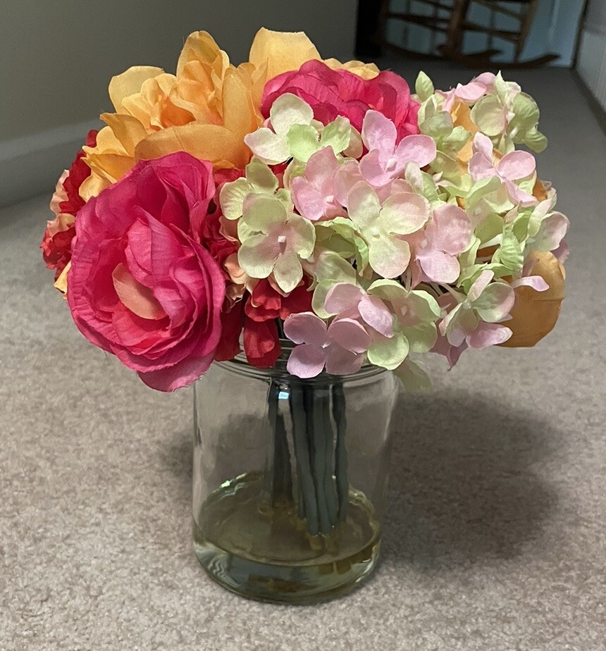 Flower Arrangement Silk Centerpiece Glass Vase Faux Water Colorful Pink Orange