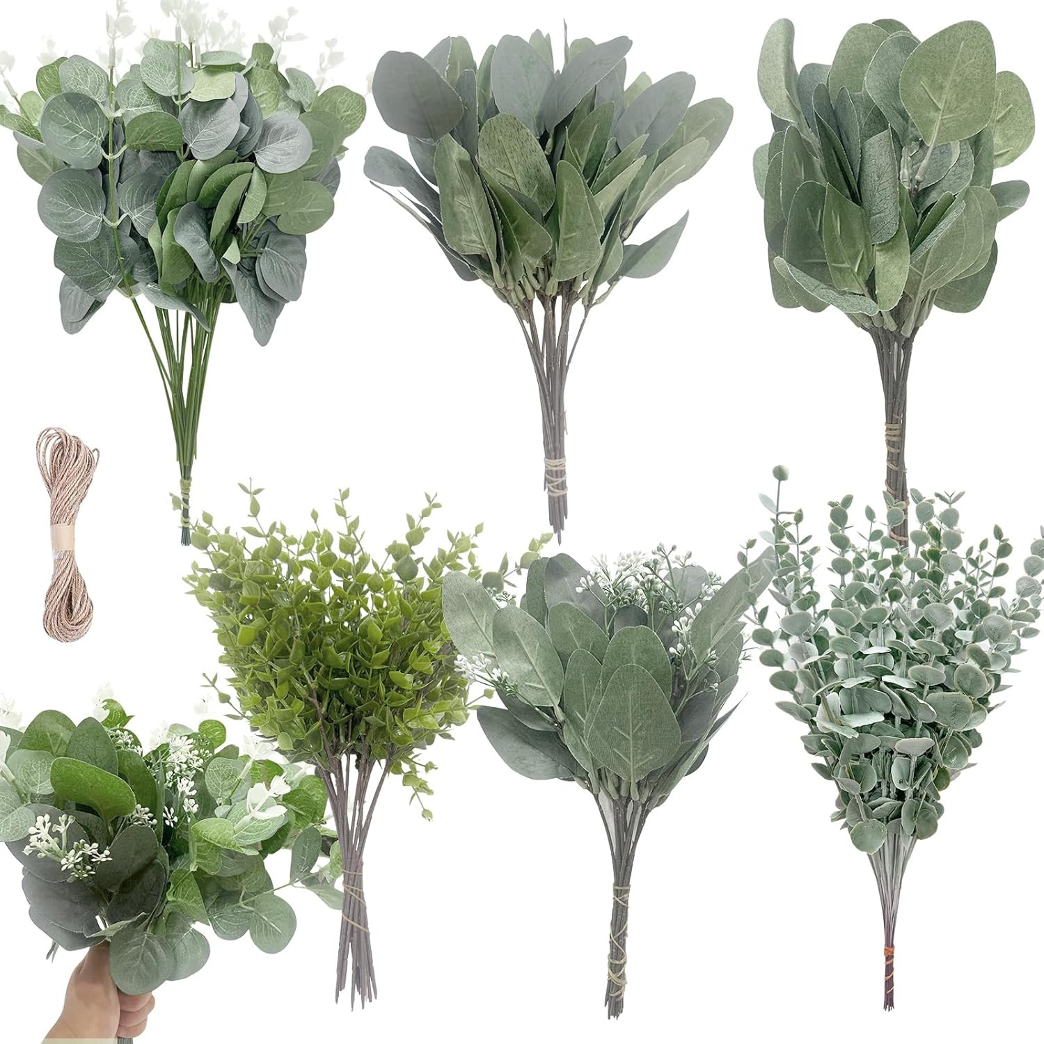 Eucalyptus Leaves Stems 200 PCS, 6 Kinds Mixed Greenery Bulk, Faux Silver Dollar