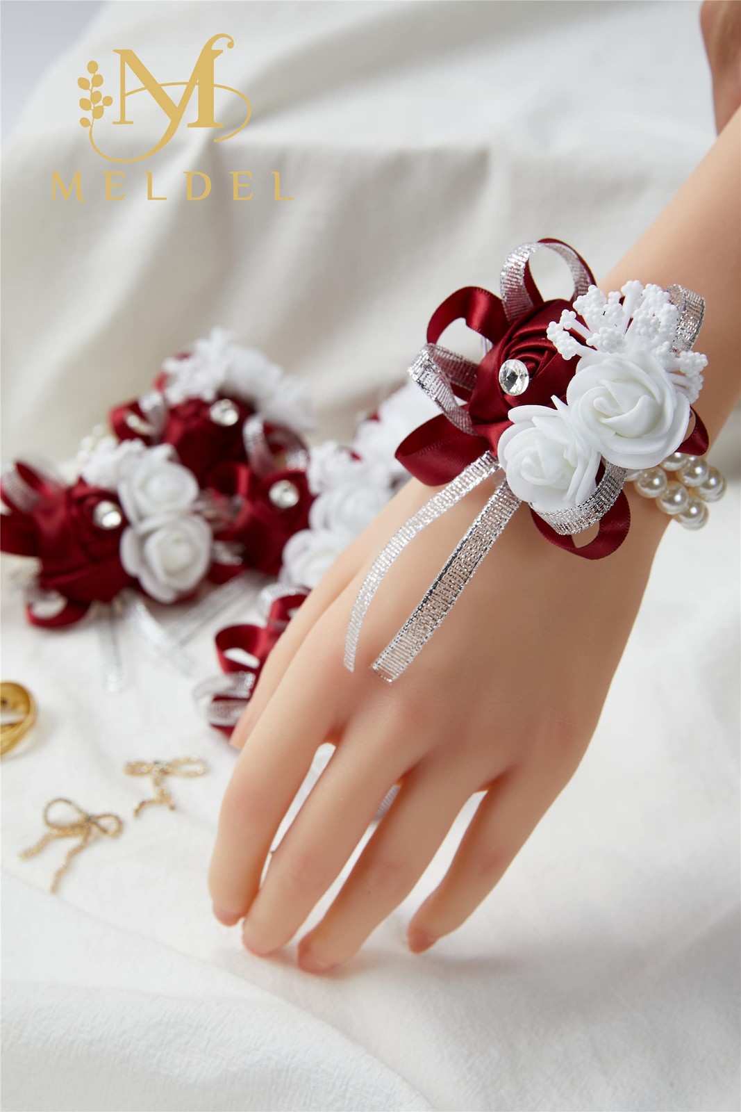 4 PCS Burgundy Wrist Corsage Wedding Rose Wine Red Prom Bridal Hand Flower
