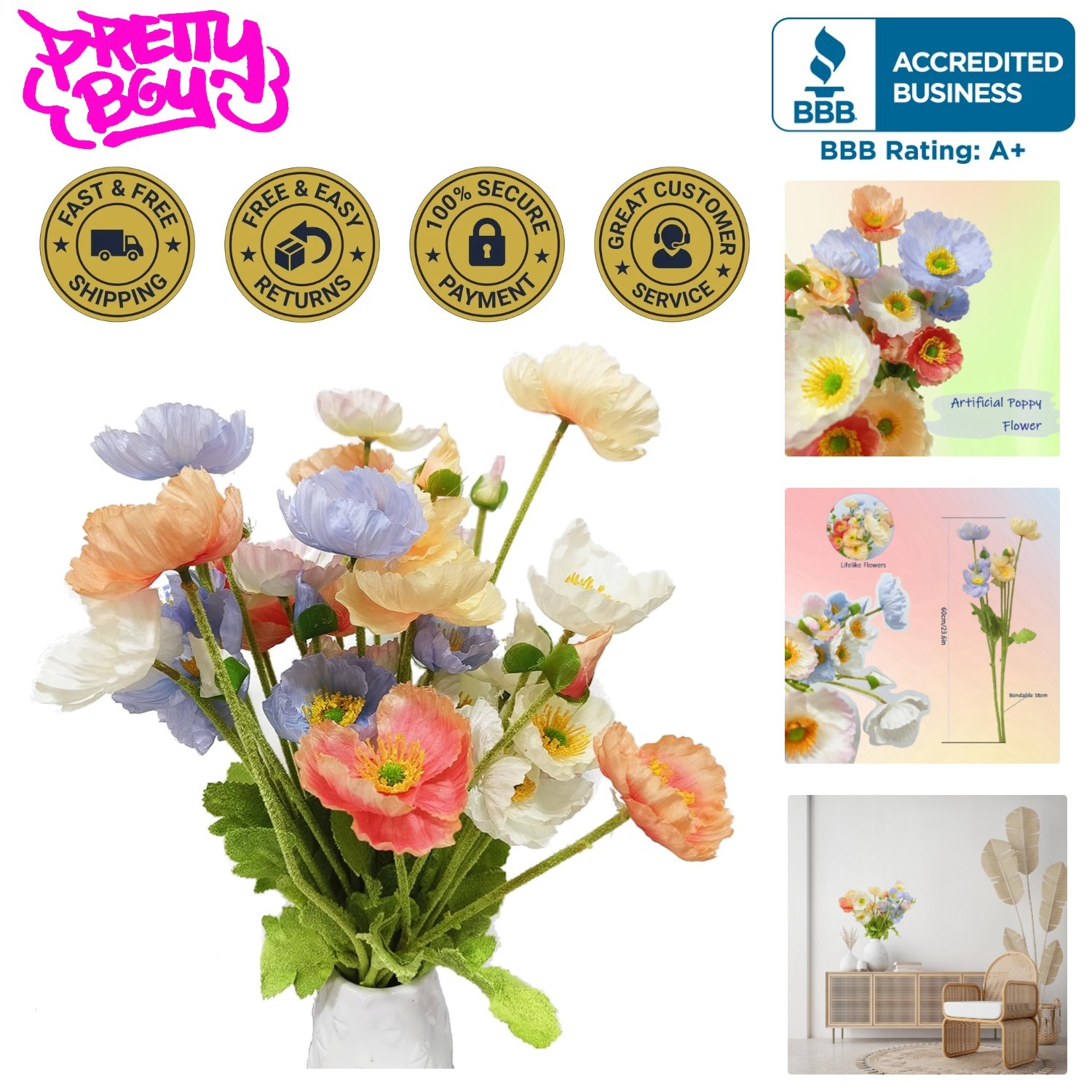 Breathtaking 8-Piece Artificial Poppy Flowers – Perfect for Weddings & Events