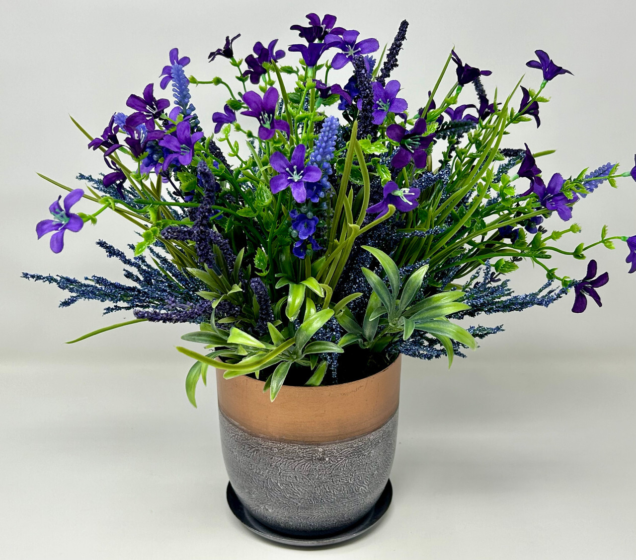 12-13″ Artificial Silk Large LAVENDER BOUQUET potted in 5 inch Metal Planter