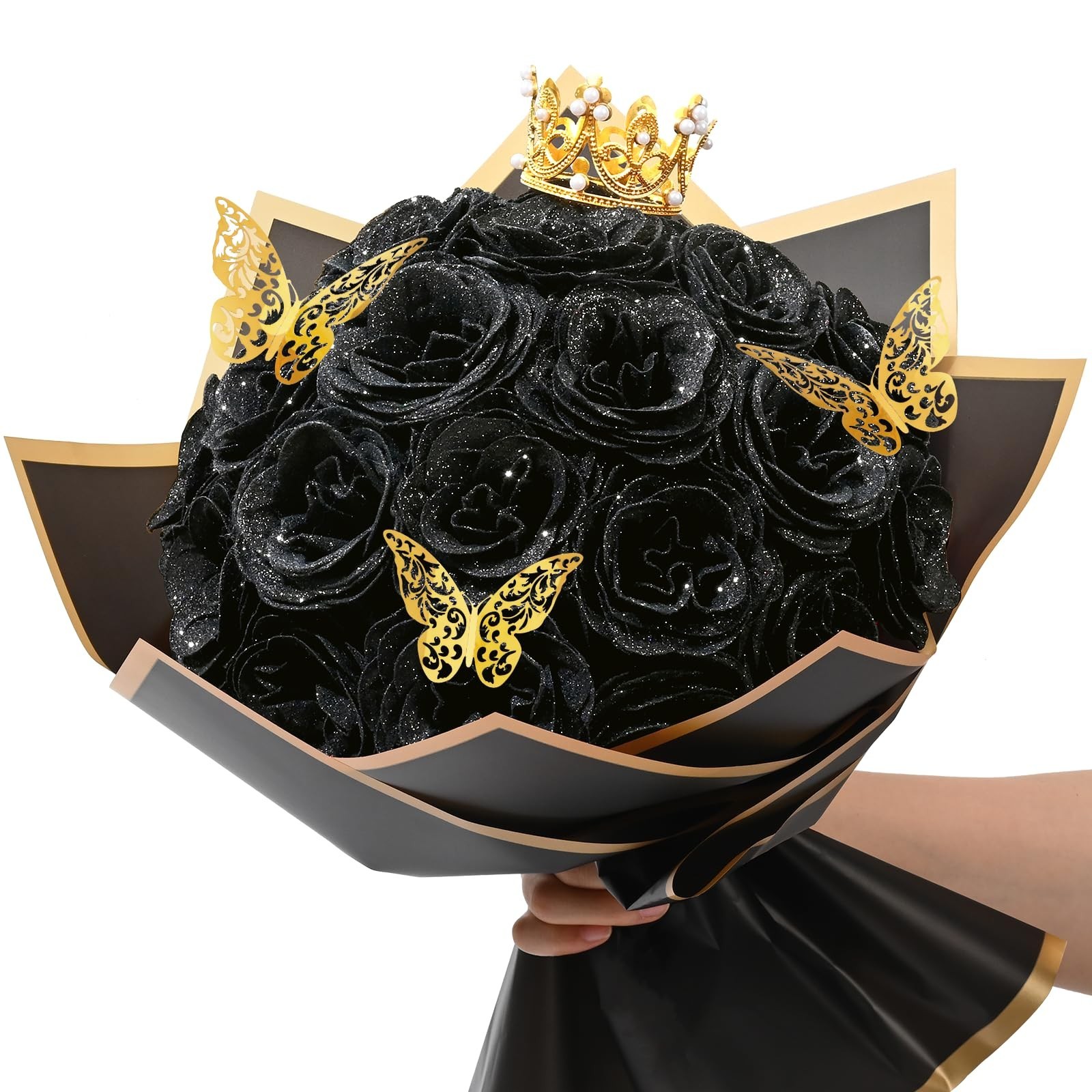 Glitter Black Roses Bouquet – 24 Pcs DIY Fake Flowers for Birthday, Anniversary,