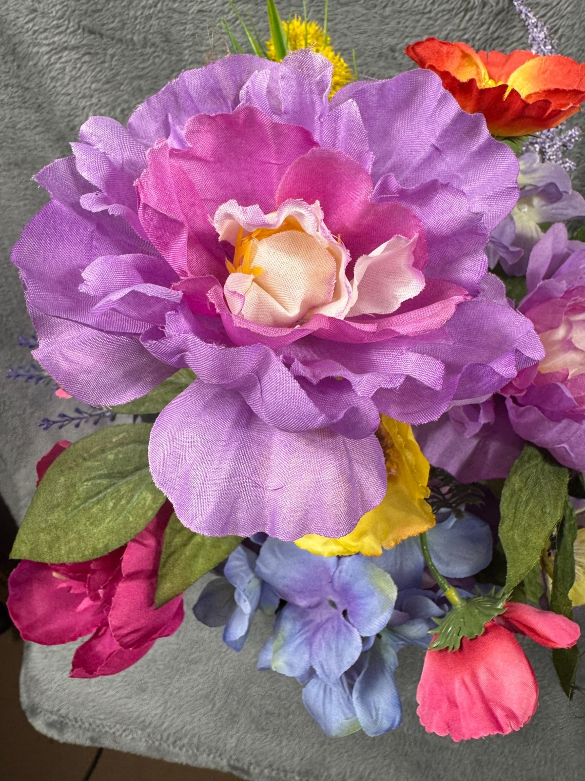 Artificial Flower Bouquet In Galvanized Metal Vase – Mixed Colors & Blooms