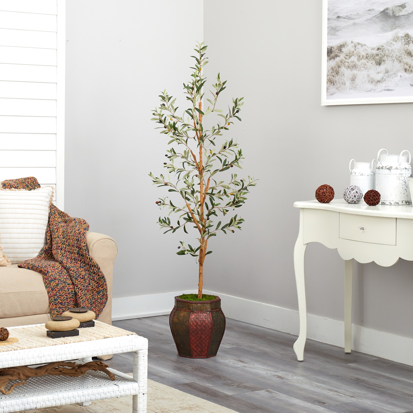 Nearly Natural 5.5ft Olive Artificial Tree in Decorative Planter in Green