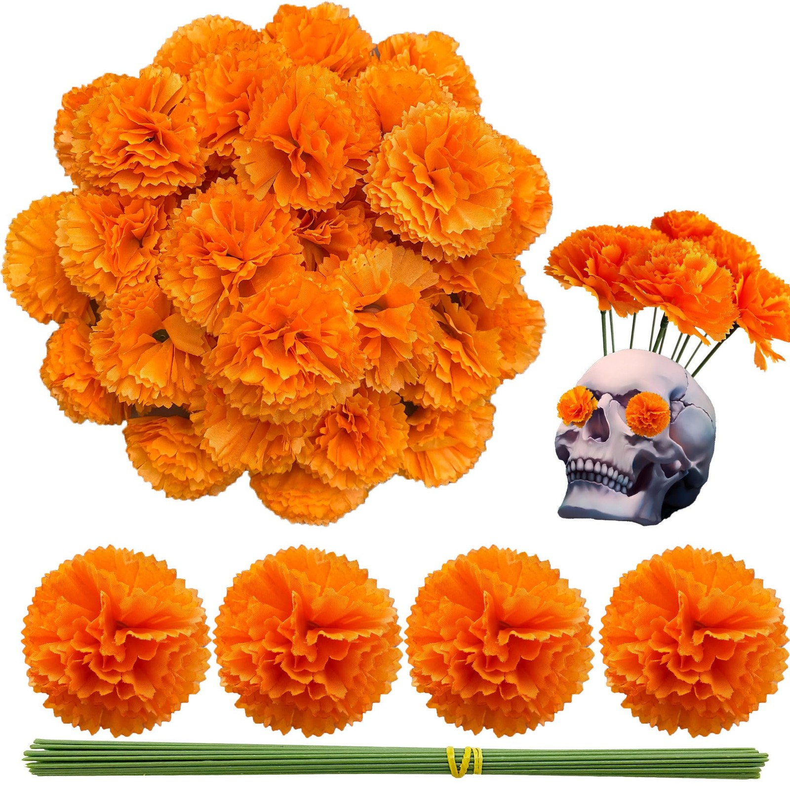 Marigold Flower Heads 50Pcs, Mexican Marigold Artificial Flowers for Day of T…