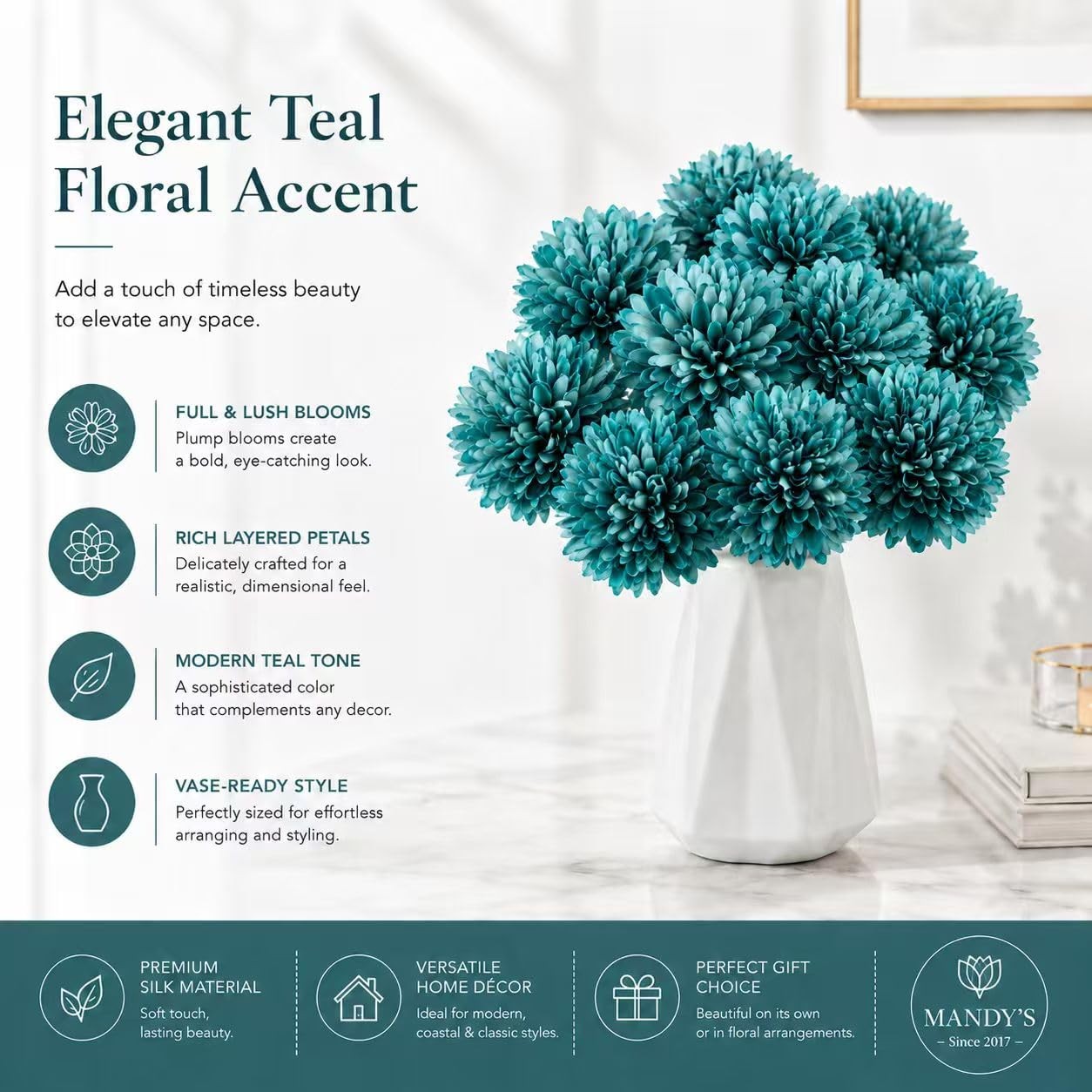 Teal Chrysanthemum Artificial Mums Flowers Home Centerpiece Silk Decor 12 PCS