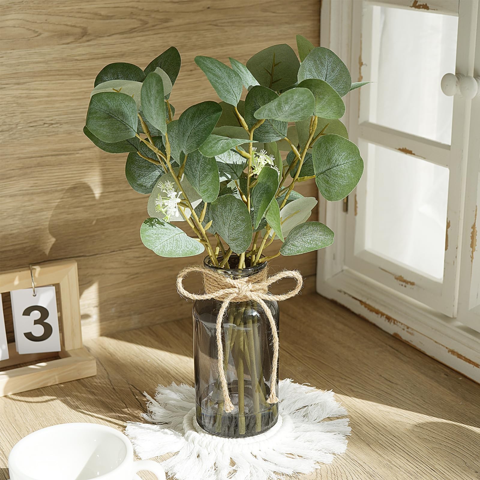 FOREST PRINCE Eucalyptus Stems in Black Vase 15″ Green Silk Decor