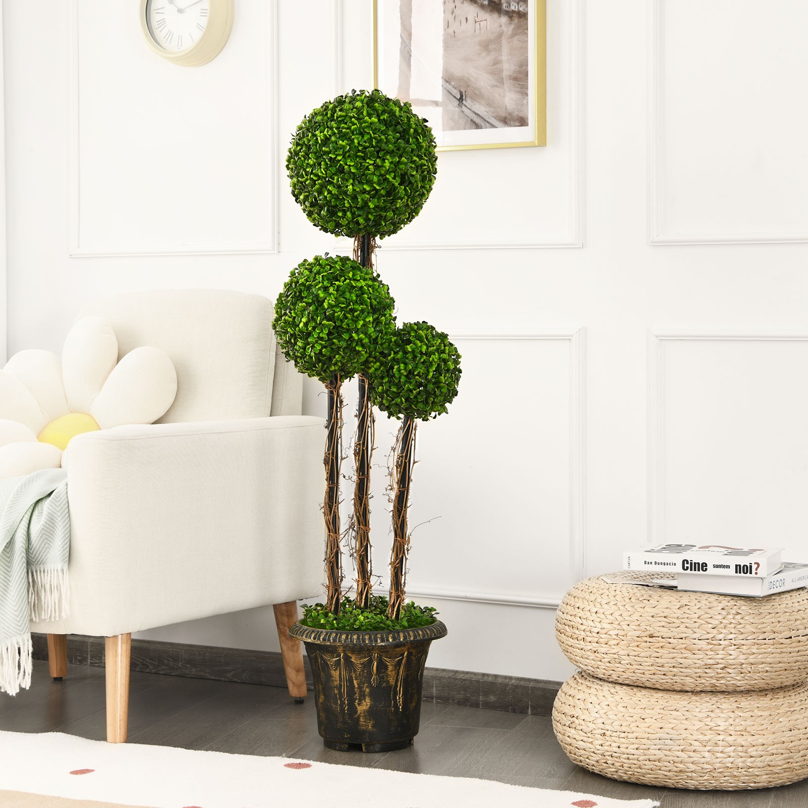 Costway 4’ Artificial Topiary Triple Ball Tree Plant Outdoor Indoor UV Resistant