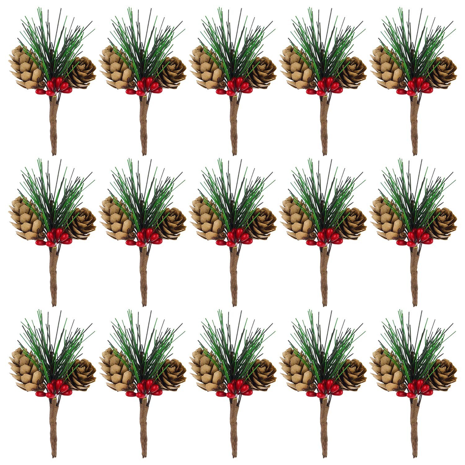 15 Pcs Artificial Pine Cone Picks and Red Berry Mini Artificial Pine Tree for…