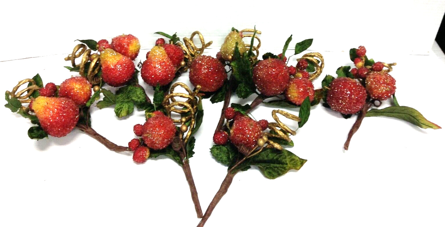 8 Frontgate Beaded Crystal Holiday Faux Fruit Picks Floral Tree Stems Apple Pear