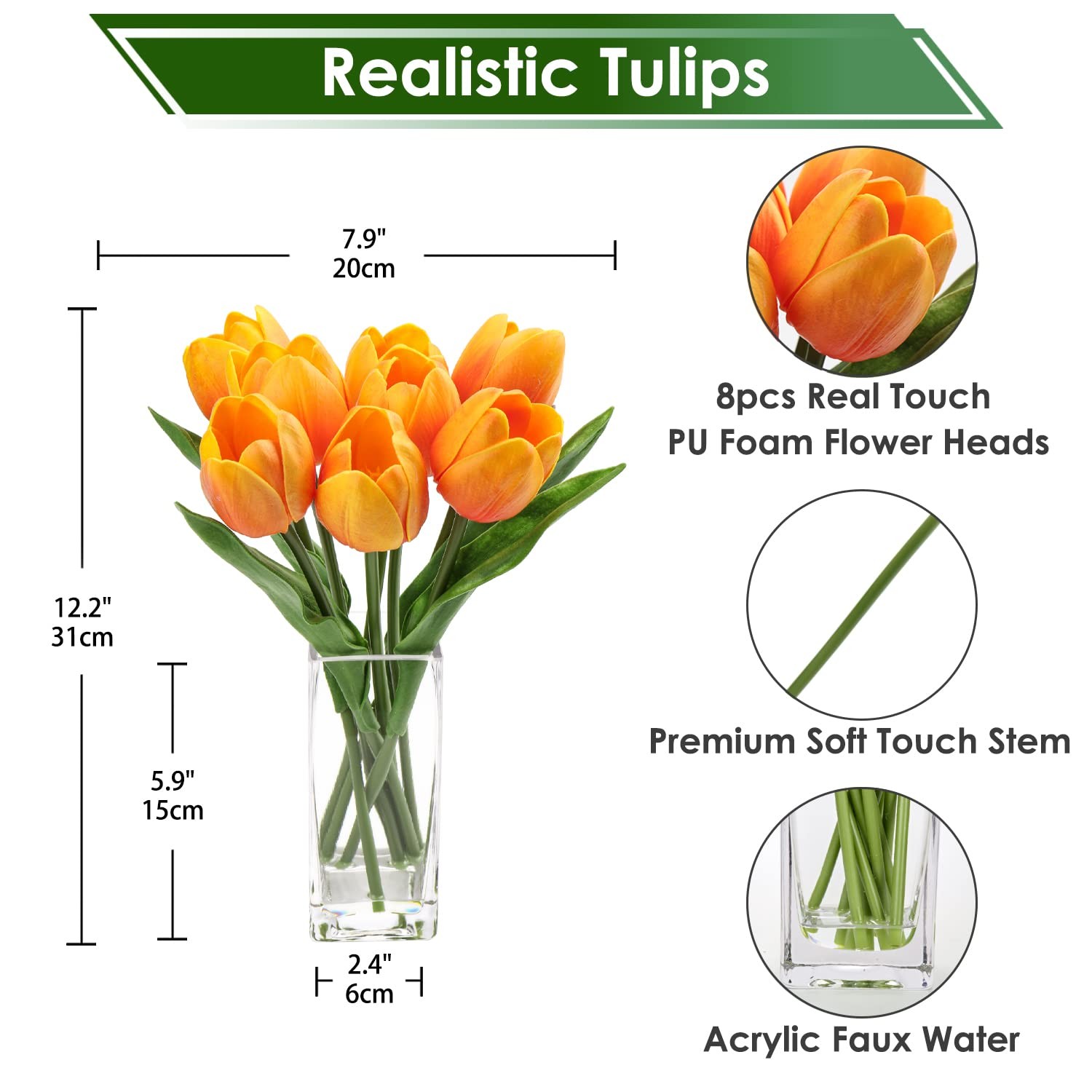 Orange Artificial Tulip Fake Flowers Clear Vase Real Touch Arrangement