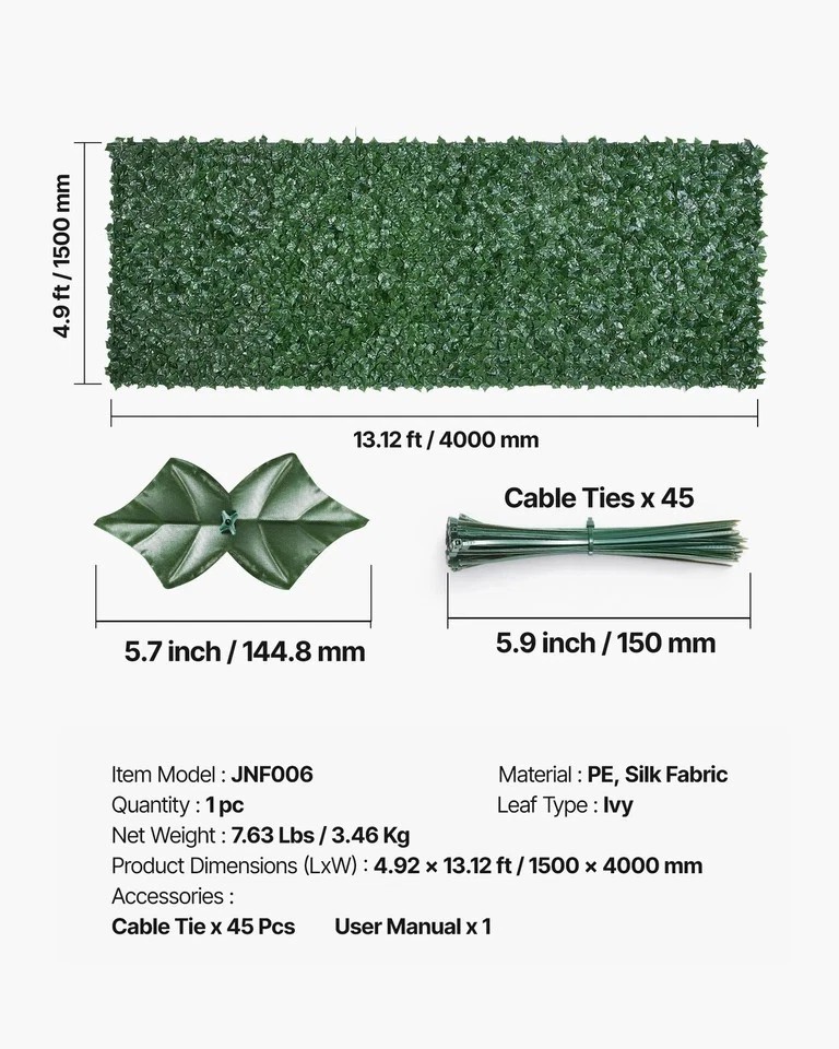 59″x158″ Artificial Faux Ivy Leaf Fence Screen with Mesh Cloth Backing