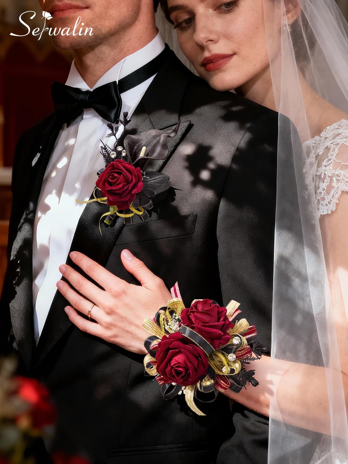 Burgundy Prom Corsage and Boutonniere Set, Artificial Calla Lily Red Rose Wri…