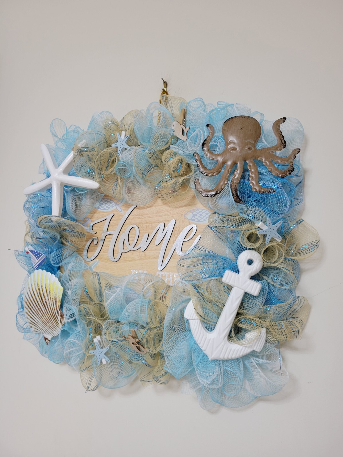 HOME by The Sea Coastal Spring Summer Mesh Front Door Wreath Wall Decor Beach
