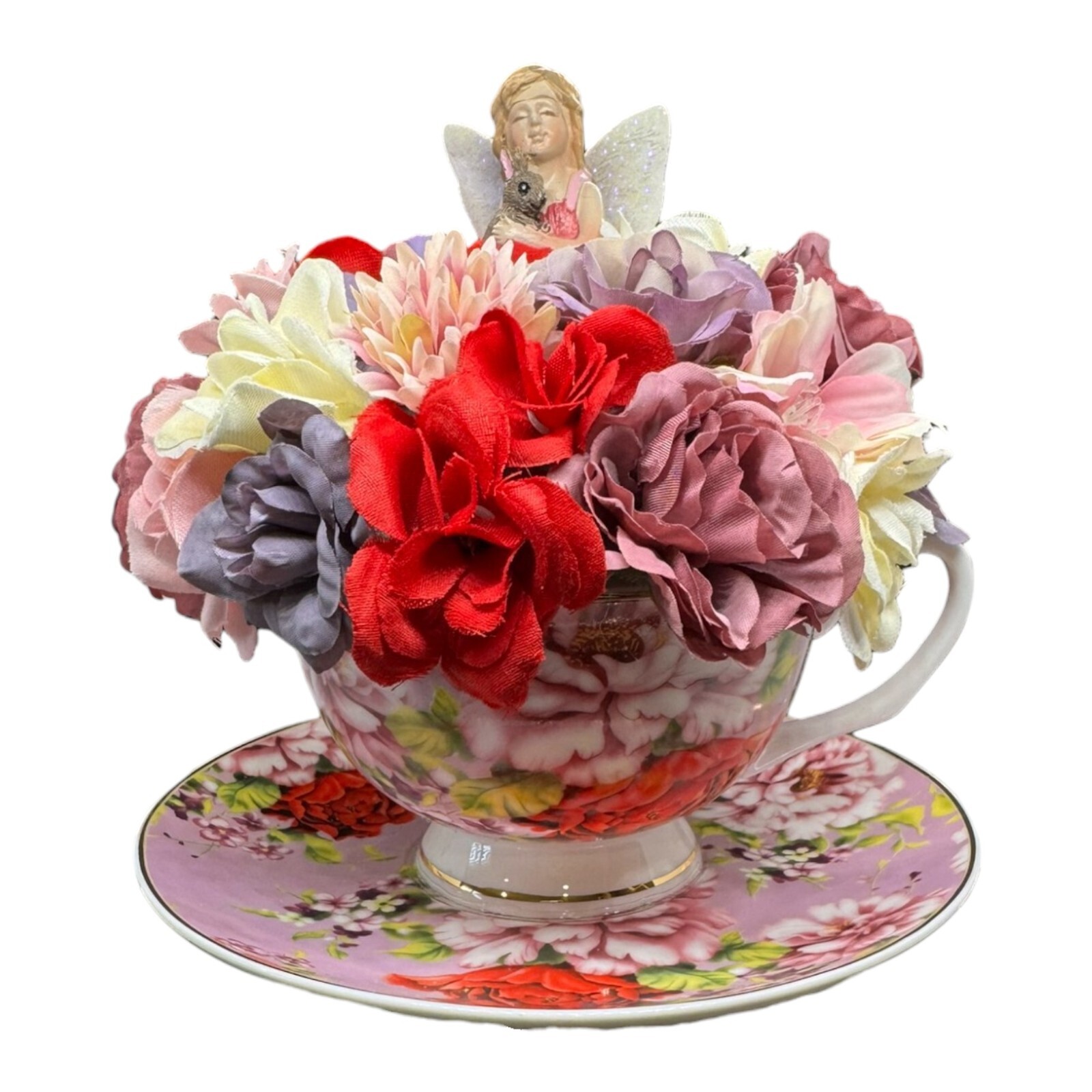 Pink Tea Cup Fairy Flower arrangement, With Fairy Ideal Gift For Her