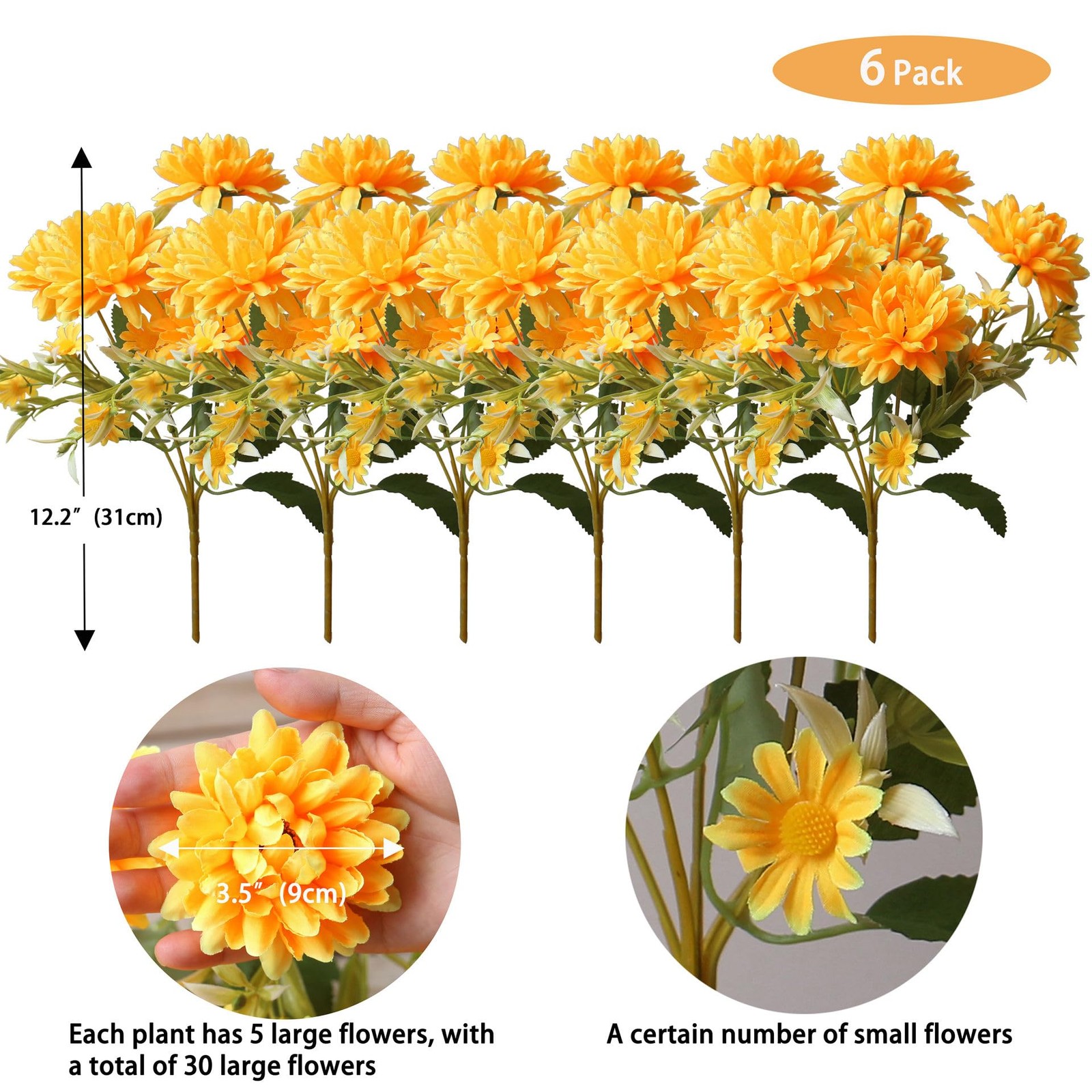 6 Pack Artificial Marigold Silk Flowers Bouquet, Orange Yellow Fake Mums Chry…