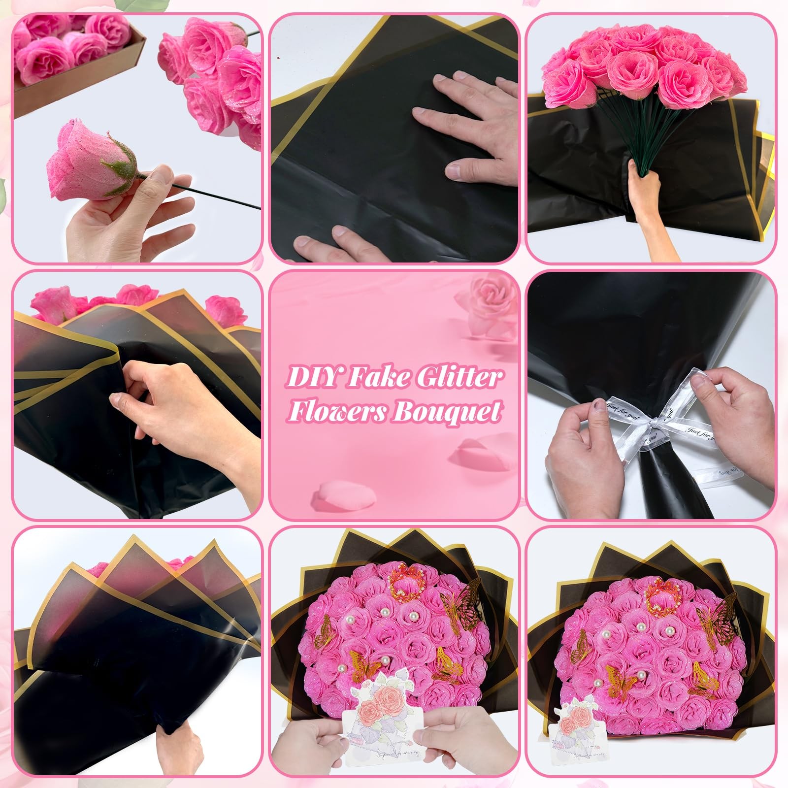 Pink Glitter Roses Bouquet, 24 Pcs Shiny Glitter Flowers Bouquet, Everlasting…