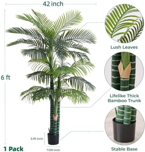 6FT Tall Triple Golden Cane Palm Tree (1 Pack), Large Faux Plants, UV Resista…