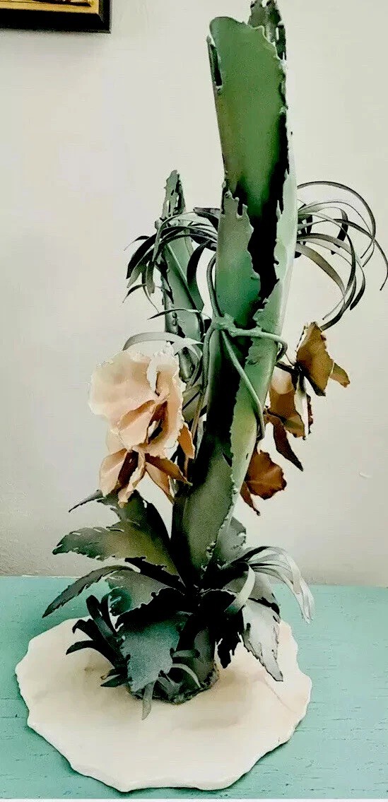 Unique Flower Arrangement Metal Orchids Marble Stand Handmade Hummingbird Signed