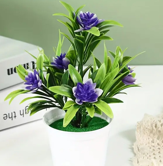 Realistic Artificial Lotus Flowers with Pot – 18cm Vibrant Purple Plastic Decor