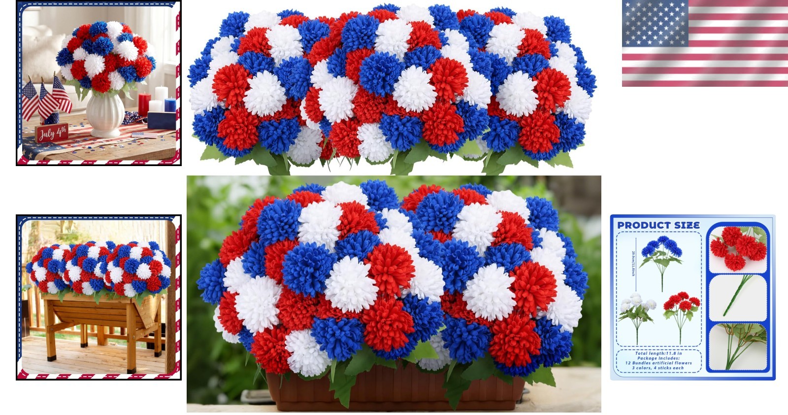 Patriotic Red White Blue Silk Chrysanthemum Flowers