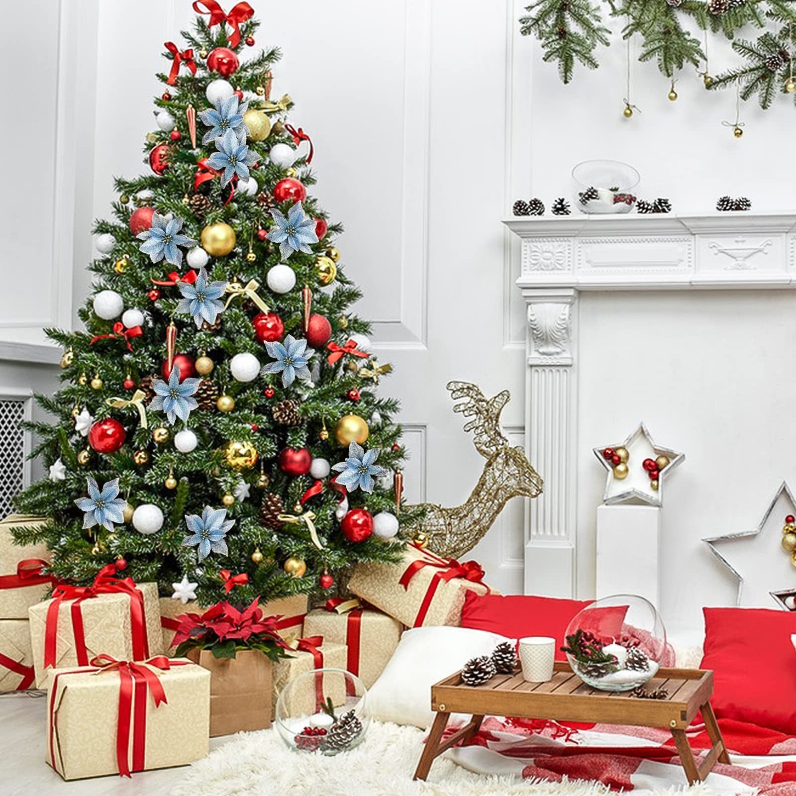 Christmas Glitter Poinsettia Christmas Tree Ornaments Decoration Blue 12 PCS